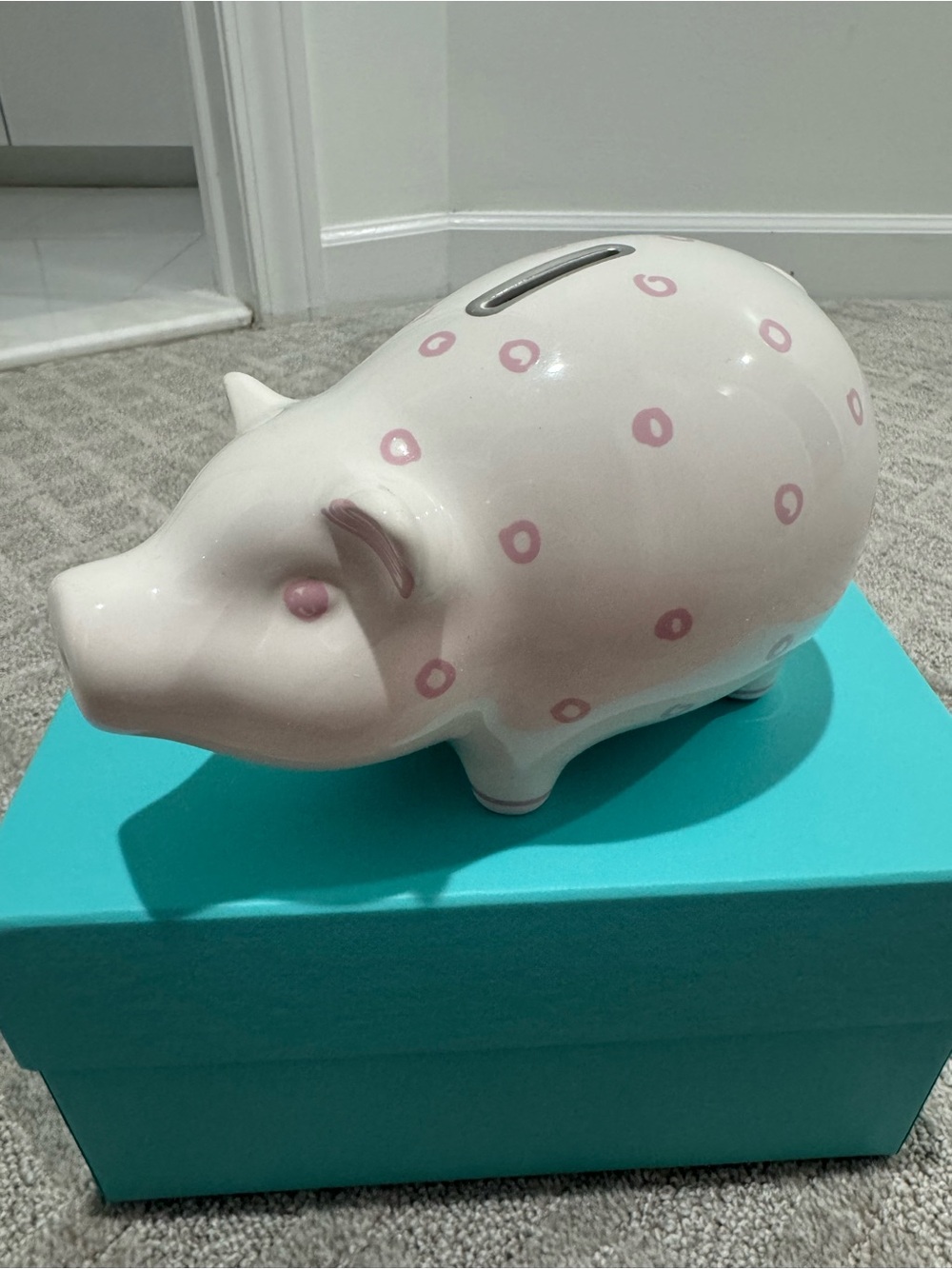 Tiffany&Co Pink Polka Dot Piggy Bank in Earthenware with Pink Accents